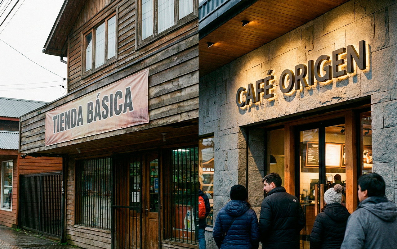 Fotografía comparativa de dos fachadas comerciales contiguas en el sur de Chile; a la izquierda, una tienda con un letrero plano de lona desgastada, y a la derecha, una tienda con un letrero volumétrico 3D de alta calidad que proyecta sombras y transmite solidez.