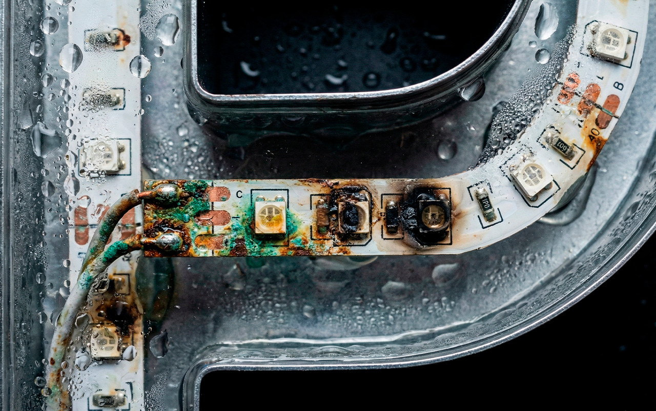 Fotografía macro mostrando el interior de una letra volumétrica con condensación severa, donde una tira de LED no impermeable (IP20) está corroída con óxido verde y tiene diodos quemados por un cortocircuito debido a la humedad.