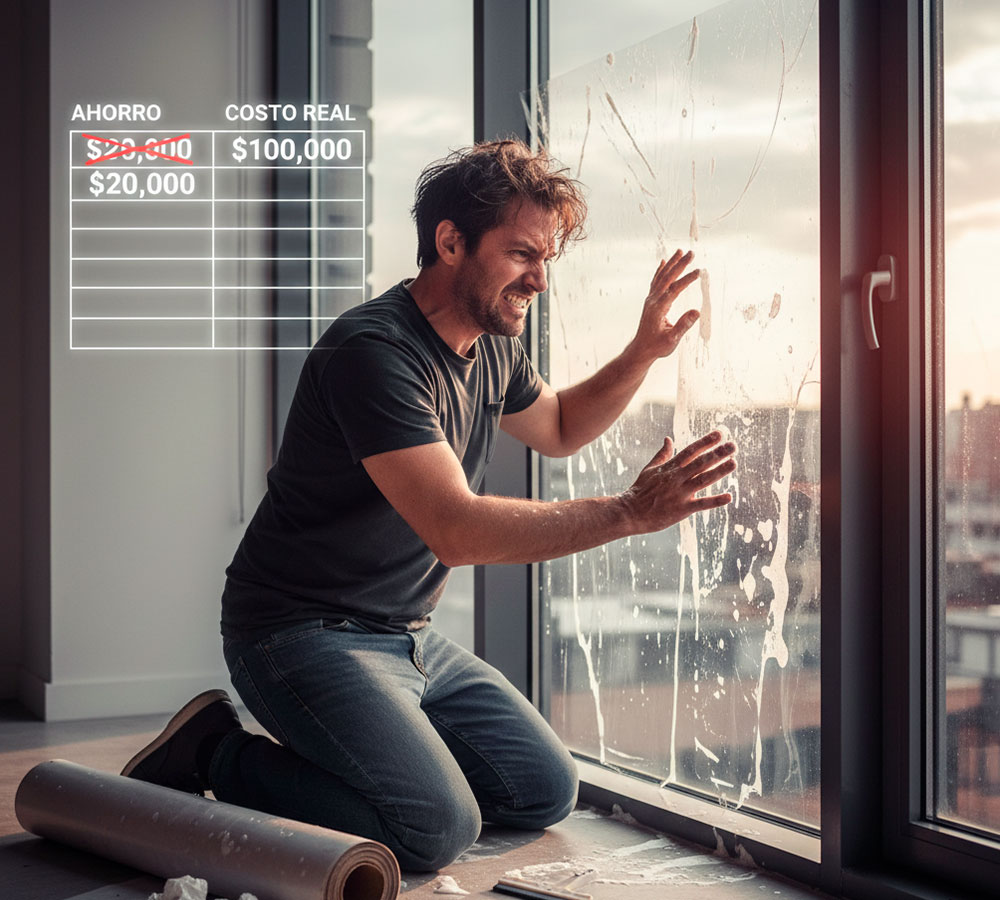 Hombre frustrado con empavonado DIY mal instalado en ventana, mostrando burbujas y vinilo arrugado. Representa el alto costo y esfuerzo de instalar empavonado uno mismo.