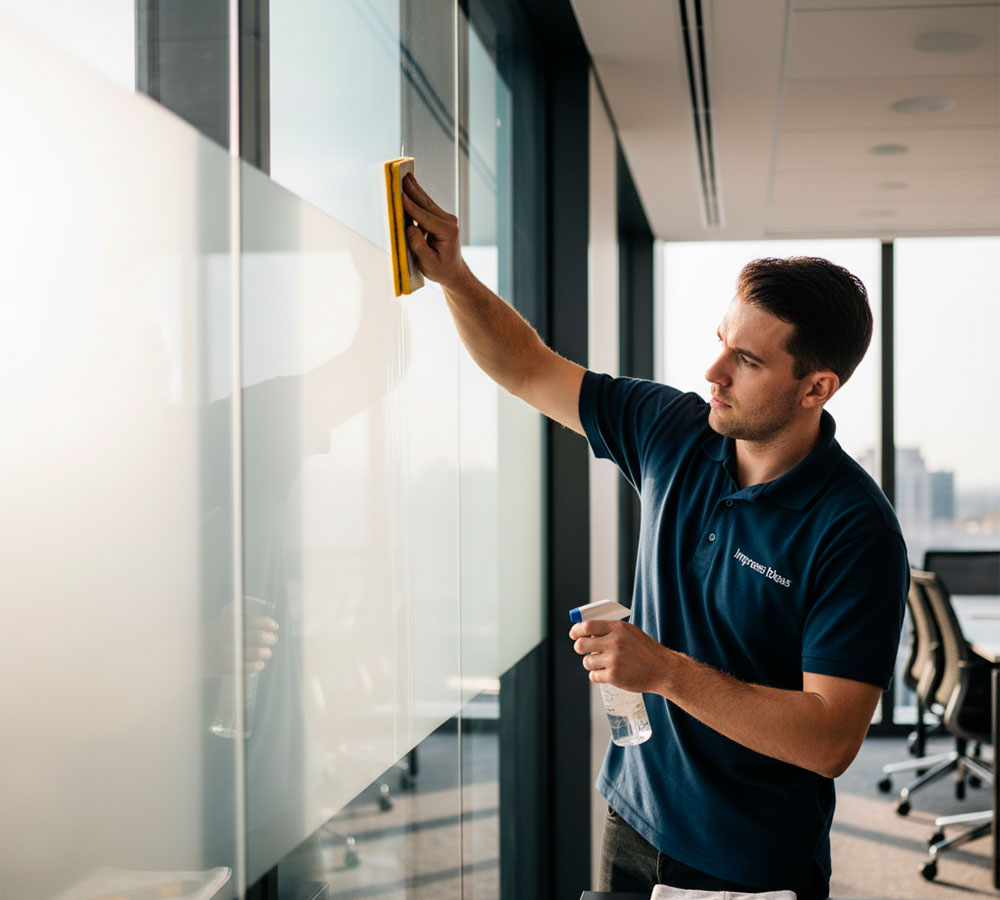 Técnico profesional instalando empavonado en una ventana de oficina con herramientas especializadas, demostrando eficiencia y un acabado impecable sin burbujas