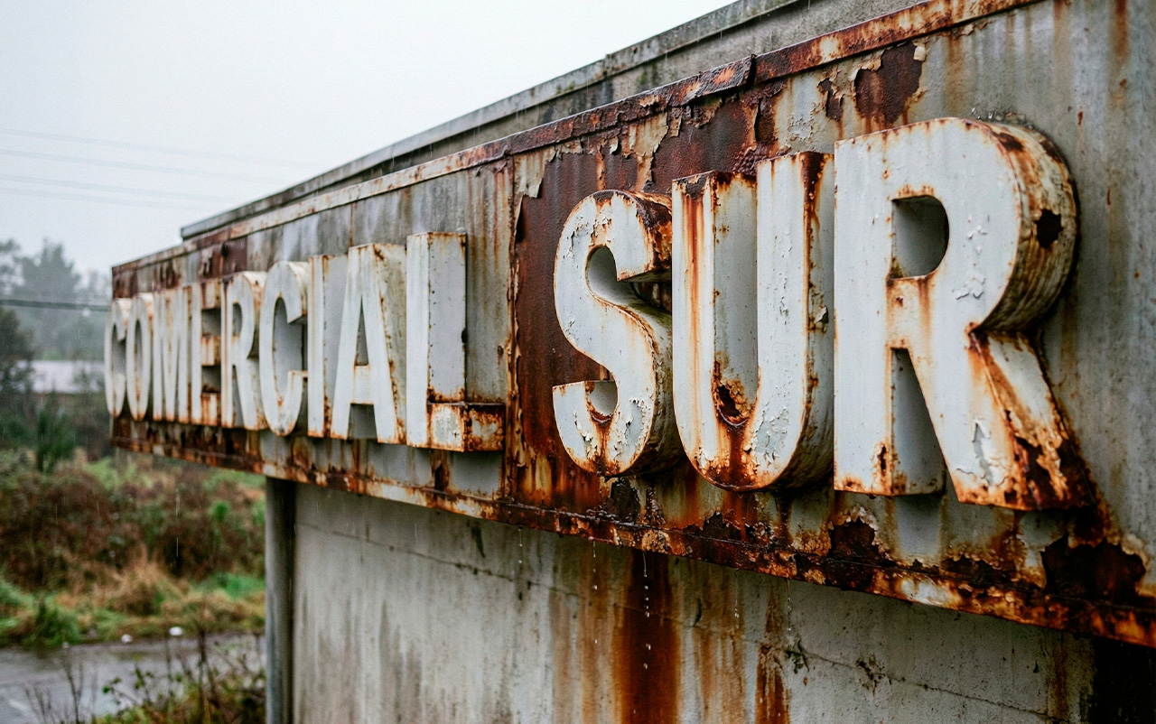 Fotografía de letrero volumétrico "COMERCIAL SUR" gravemente oxidado y corroído, con pintura descascarada y óxido chorreando por la fachada, demostrando la falla de materiales baratos en el clima lluvioso del sur de Chile.