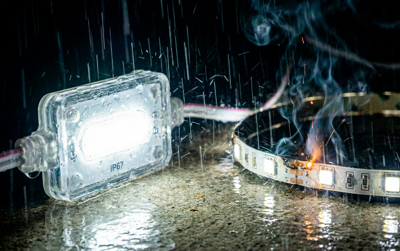 Fotografía dramática de una prueba técnica bajo lluvia intensa; a la izquierda, un módulo LED IP67 sellado funciona perfectamente, mientras que a la derecha, una tira LED sin protección falla con chispas y humo debido al agua.