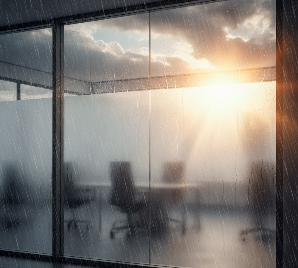 Ventanal de oficina en Victoria con vidrio empavonado resistente, protegiendo el interior de la lluvia y el sol extremo de La Araucanía.